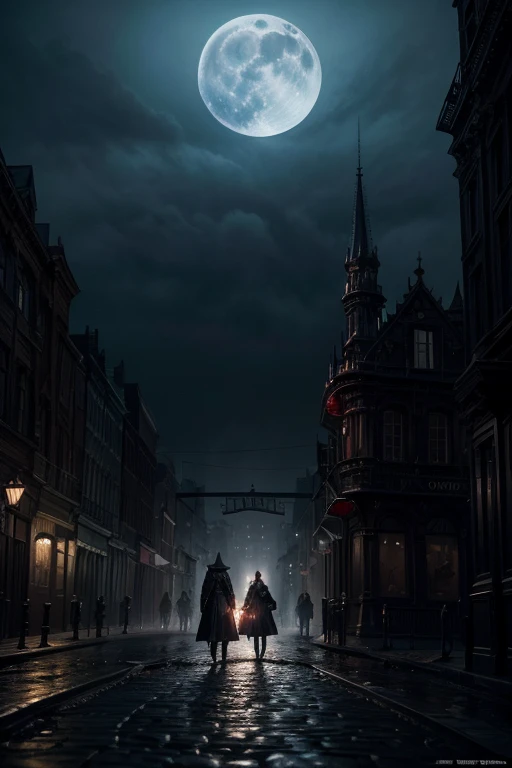 A stormy and dark setting in a Gothic Victorian era city with fog in the streets with two bloodborne hunters next to each other in the background in the streets with monsters around,with a luminous light blue moon written Bloodborne: Dead by Blood with red blood dripping from the letters
