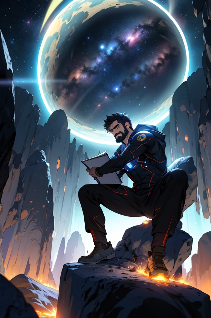 Draw a young programmer, sitting on a research platform floating in the middle of an asteroid belt. He is studying with a notebook, surrounded by several asteroids glowing with fiery auras. Dramatic lighting from distant stars and planets illuminates the scene, casting deep shadows on the suit. The young man looks confident and determined, looking at the vast and mysterious universe with wonder and respect,facial hair, cowboy shot,