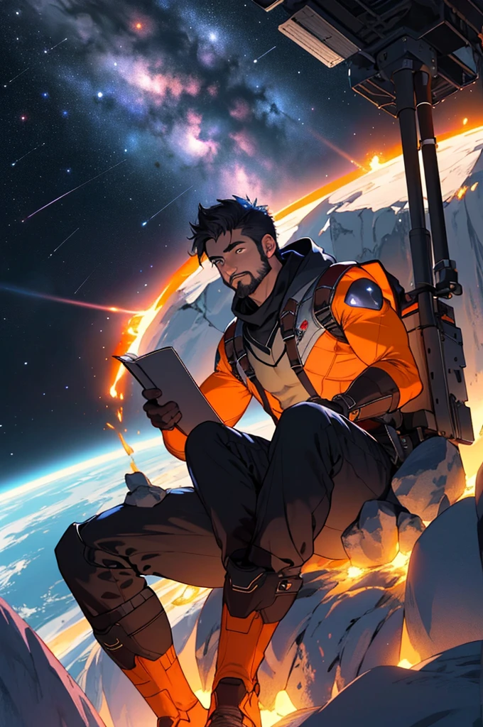 Draw a young programmer, sitting on a research platform floating in the middle of an asteroid belt. He is studying with a notebook, surrounded by several asteroids glowing with fiery auras. Dramatic lighting from distant stars and planets illuminates the scene, casting deep shadows on the suit. The young man looks confident and determined, looking at the vast and mysterious universe with wonder and respect,facial hair, cowboy shot,