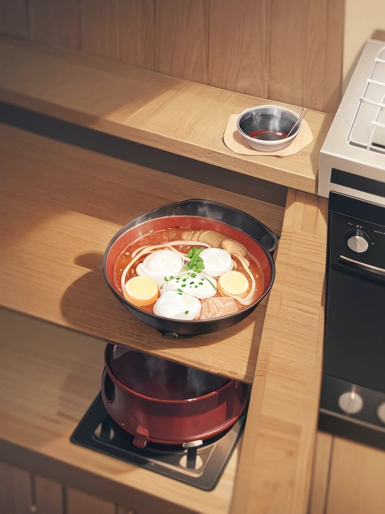 kitchen、寸胴でramenを茹でる、The pot is placed on the gas stove、Red soup、ramen、Put your finger in the soup