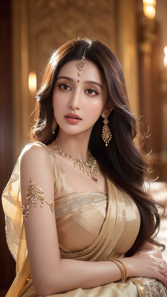 intricate detailed portrait of nora fatehi, indian famous actress, beautiful detailed eyes, beautiful detailed lips, extremely detailed face, longeyelashes, elegant expression, flowing hair, colorful indian saree, jewelry, ornate background, (best quality,8k,highres,masterpiece:1.2),ultra-detailed,(realistic,photorealistic,photo-realistic:1.37),vibrant colors,warm lighting,dramatic lighting