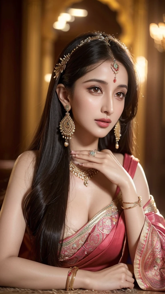 1 girl, cute face,Face pretty, jaw dropping beauty, indian clothes, perfect beautiful eyes, ((ultra high detailed 1.9)),((ultra high resolution 1.9)),((ultra high quality 1.9)),(work of art)), (Perfect lighting), (Very large breasts 1.9)), ultra huge breast, sexy deep neckline navel 