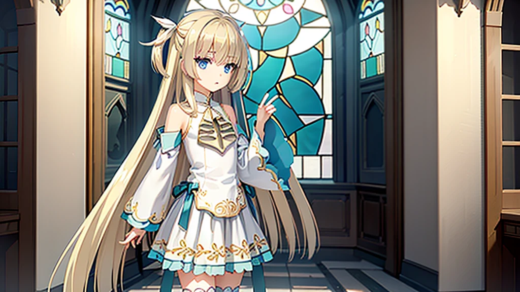 ((masterpiece)),(best quality),Official Art,Extremely detailed CG,Unity 8K wallpaper,Very detailed,Beautiful and delicate eyes,Extremely detailed face,1 girl,solitary,,(whole body:1.5),(small:1.3),，Light shines through the keys，Stained glass windows，Decorated with Gothic churches，