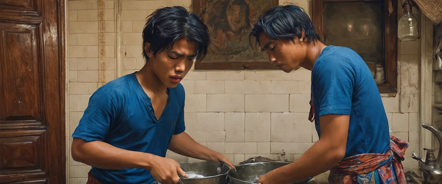 A young Indonesian male student wearing a regular blue t-shirt with a sarong, around 24 years old, is washing dishes in the kitchen of an old Dutch colonial style house. late at night He wore simple clothes, focused on washing dishes in an antique sink. The kitchen has old wooden cupboards, dim lighting and an eerie atmosphere. Images should be detailed and realistic, capturing slightly scary and tense moments. (hyper-realistic, cinematic, detailed, hypermaximalist, octane rendering, unreal engine 5.8K)