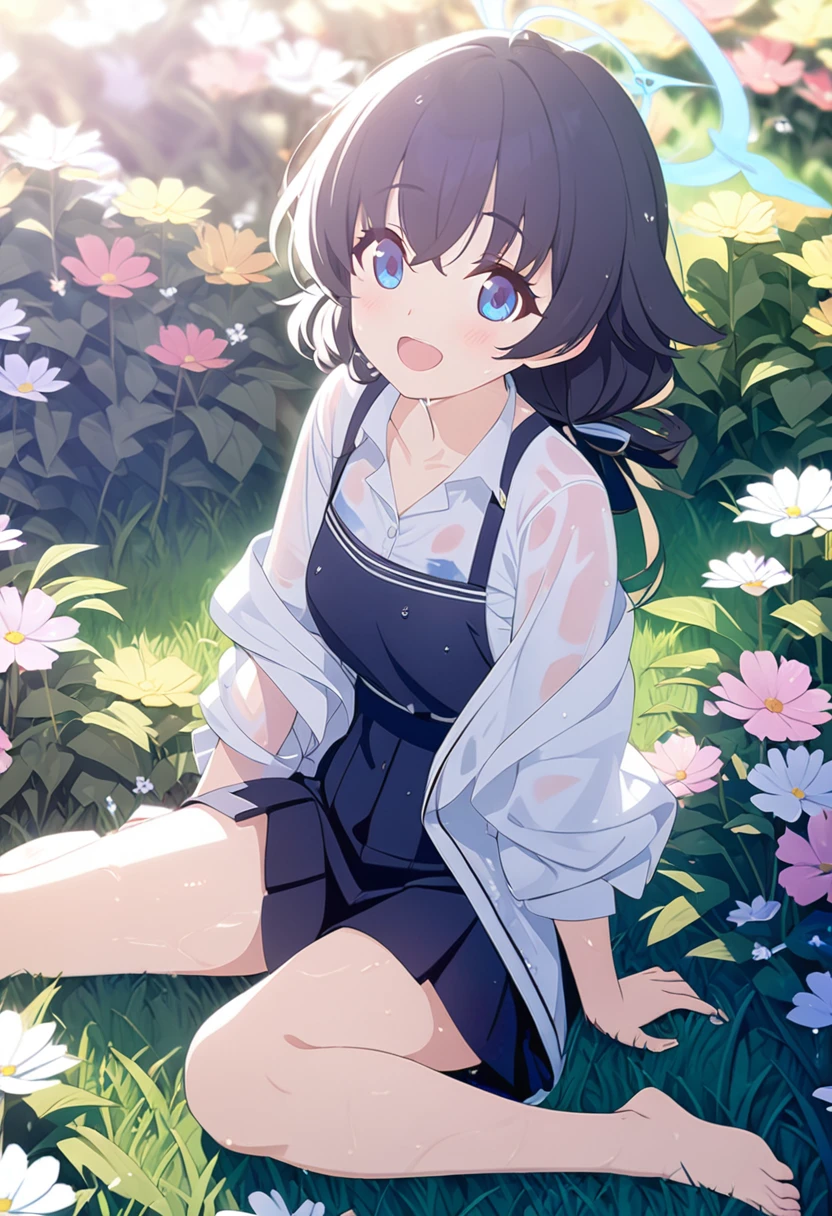 1 girl, masterpiece, best quality, Amazing, beautiful detailed eyes, finely detailed, depth of field, extremely detailed CG unity 8k wallpaper, full body, Ajitani Hifumi (Blue Archive), sitting, smile, open mouth, flower field, wet clothes,