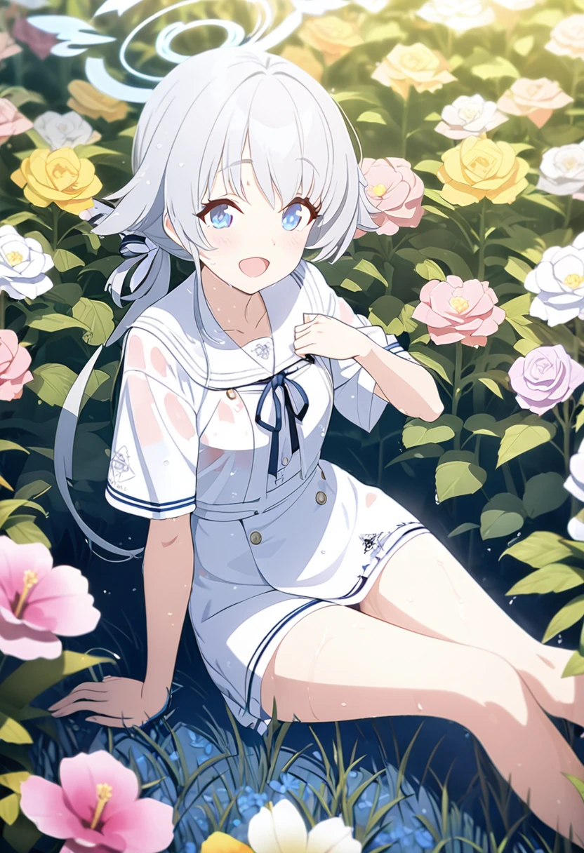 1 girl, masterpiece, best quality, Amazing, beautiful detailed eyes, finely detailed, depth of field, extremely detailed CG unity 8k wallpaper, full body, Ajitani Hifumi (Blue Archive), sitting, smile, open mouth, flower field, wet clothes,