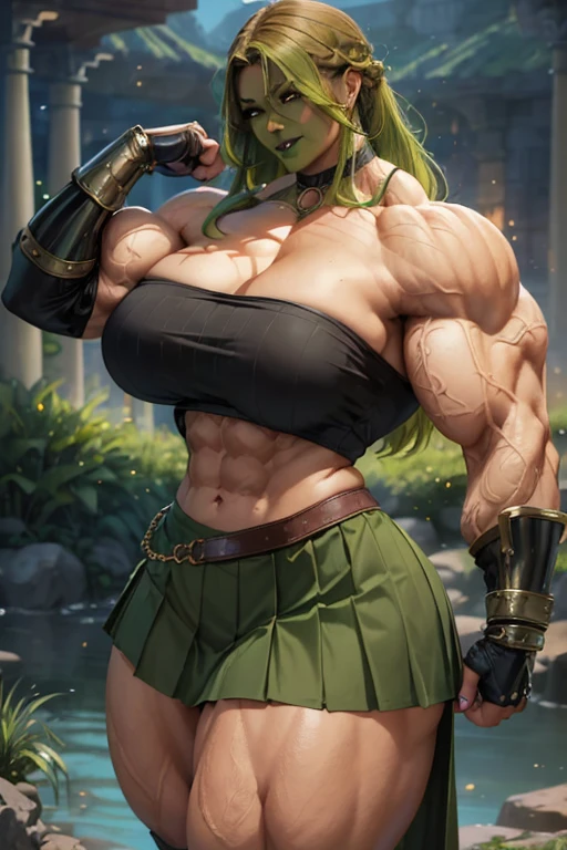 ((((Massive tall, beautiful, buff, light brown skinned muscular woman with green hair, black lipstick, ginormous bulky muscles and wearing a green off shoulder blouse with beautiful long pleated skirt)))), (close view), (massive muscles), long curvy hair, ((chained belt)), orange eyes, choker, ((black off shoulder sweater)), ((beautiful long pleated skirt)), belt, thigh high socks, (gauntlets), black boots, (in a mystical firefly river), closed smile, night, massive muscles