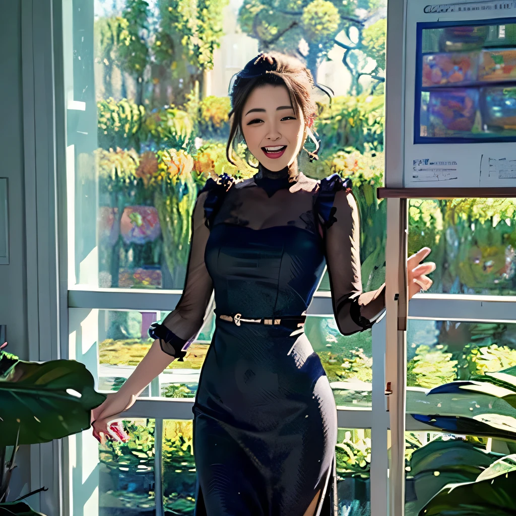 best quality, ultra-detailed, realistic, 1girl, long dress, (laugh:1.3), (claude monet:1.4)