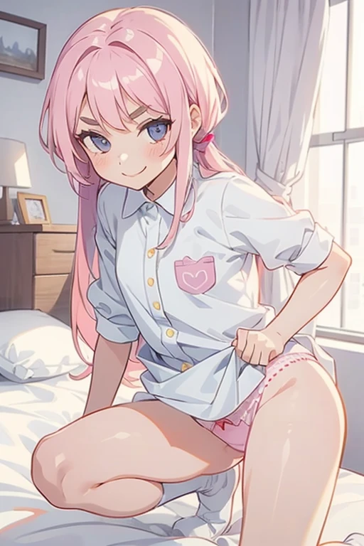 Girl with pink hair, long double-tailed hairstyle, ((small pink bushy eyebrows)), dressed in lolita clothing, marked vagina, lolicon (Zankuro) drawing style by zankuro artist, ザンクロー style, image uploaded to R34, looking at the camera with a flirty smile, modeling in his room, male pov, (panties pulling, self-pulling, pink panties:1.1) panties pulled to his knees