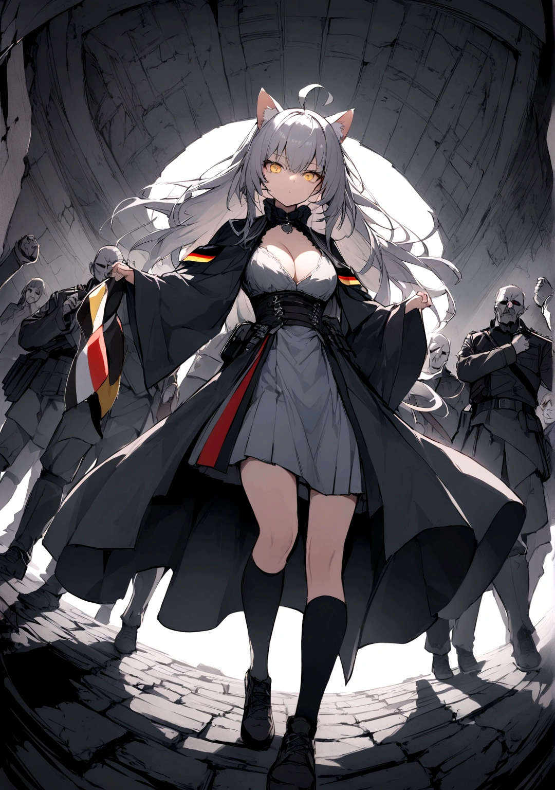 German flag in the background、Dynamic Angles、Raising the German flag、Suspicious Gathering、Surrounded by enemieasterpiece, best quality:1.2), 1girl, 独奏、Gray cat ears、Grey long hair、Ahoge、Yellow Eyes、Gray cat ears、Background of military bases、Fisheye Lens、battlefield、Shadows of light and darkness、Expressionless、Grim face、battle、Black knee socks、Cleavage、