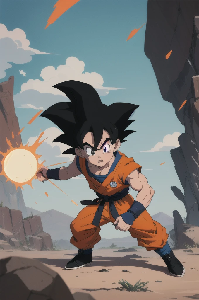 Manga style, illustration, line art style, high quality, manga masterpiece, highres, very detailed, digital illustration, small ??? Goku, Dragonball, black hair, spiked hair, real goku clothes orange color, black belt and black shoes, dougi, solo male , outdoors,fighting,