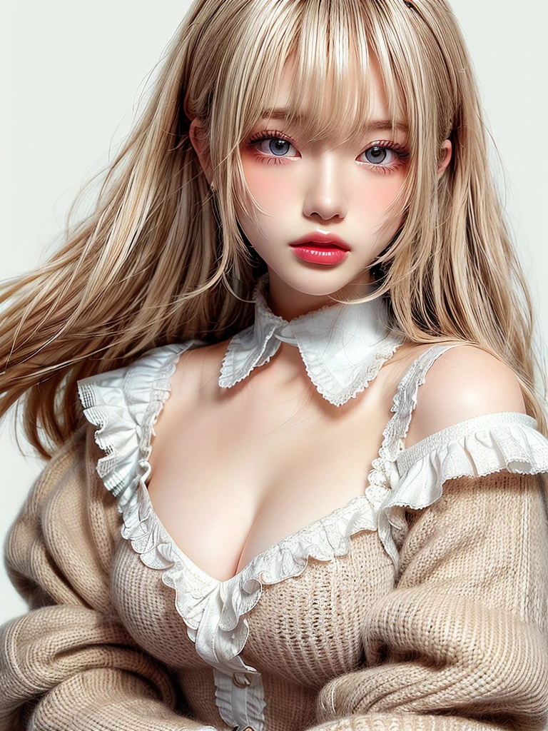 (((amount、White blonde Hair、Northern Europe、White people、beautiful girl、blonde、White Background、Blouse with collar and sleeves、Frills、Race)))、Tabletop, Highest quality, shape, Very detailed, finely, High resolution, 8k wallpaper, Perfect dynamic composition, finelyて美しい目, Deco Out,blonde, Medium Hair, Super big breasts, Natural color lip,White Background, Random cute poses,White off-the-shoulder dress。