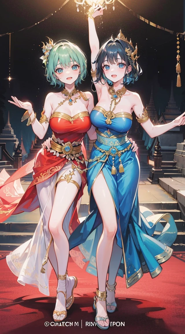 (2 young women ,beautiful woman),smile,(light green short hair),nobility,(princess),blue student,Tall figure,((Strapless Thai dress)),low skirt,(Strapless Thai dressที่ไม่ทีสาย),ta skirt,Show your legs,Barefoot,red carpet,prom website,(nobility),(big tits),(Various poses),Highest quality、Highest picture quality、Masterpiece,, ,(((Umbilical drive,dance,dance,Thai dance)))