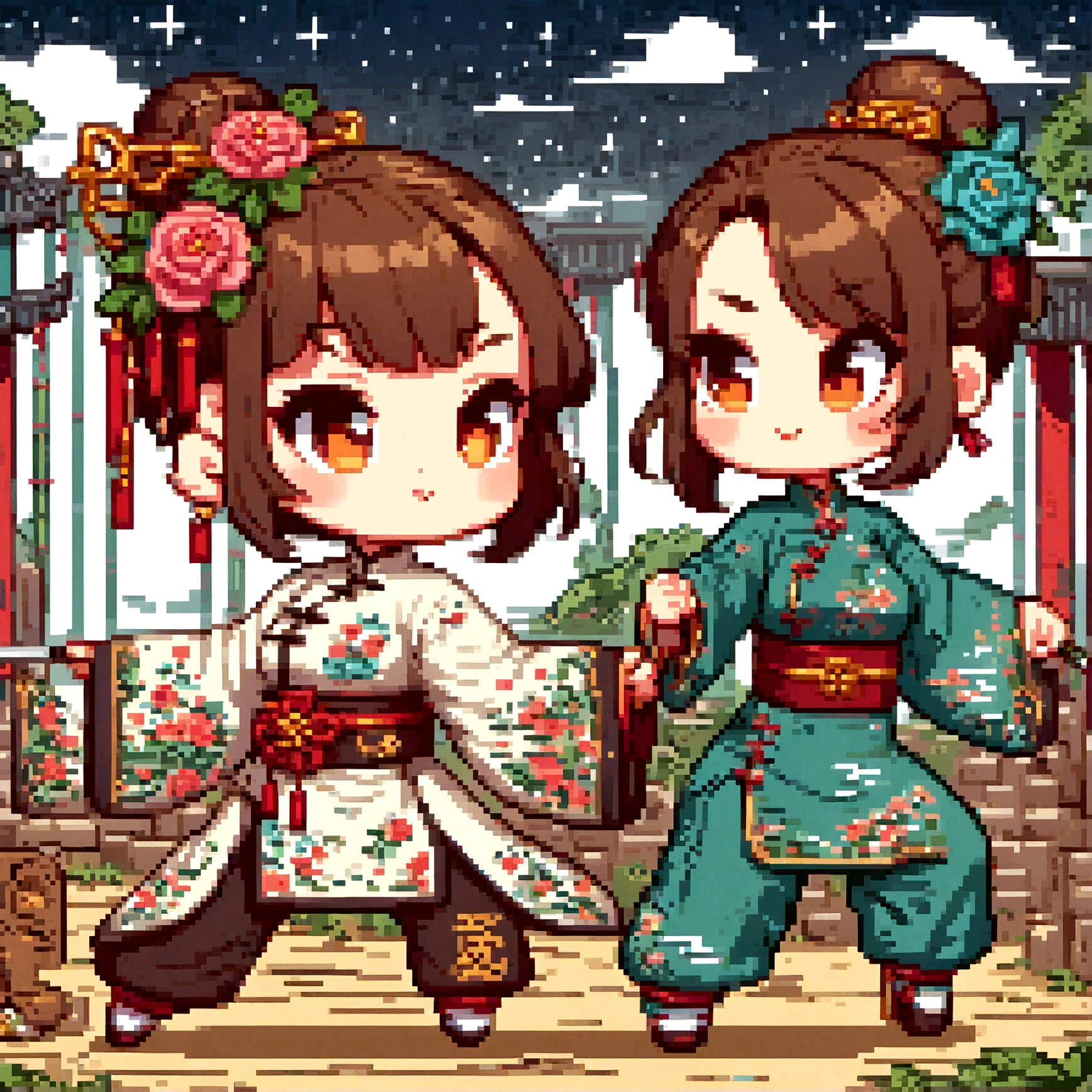 (Very detailed CG unity 8k wallpaper), (Very detailed), masterpiece, Highest quality, Japan, short hair, Mid-chest, China dress, Looking at the audience, Thigh Gap,Cat ear,icon,2 heads,Chibi Chara,Handwritten style