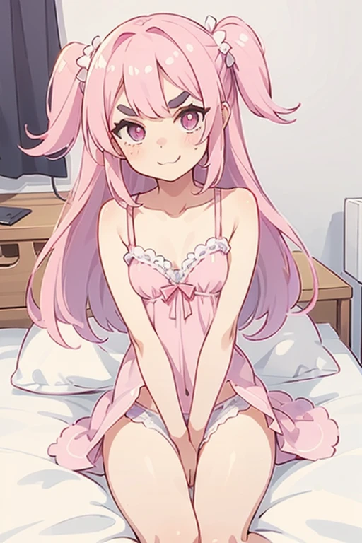 Girl with pink hair, long double-tailed hairstyle, ((small pink bushy eyebrows)), dressed in lolita clothes, marked vagina, lolicon (Zankuro) drawing style by zankuro artist, ザンクロー style, image uploaded to R34, looking to the camera with a flirtatious face, modeling underwear in his room, male pov