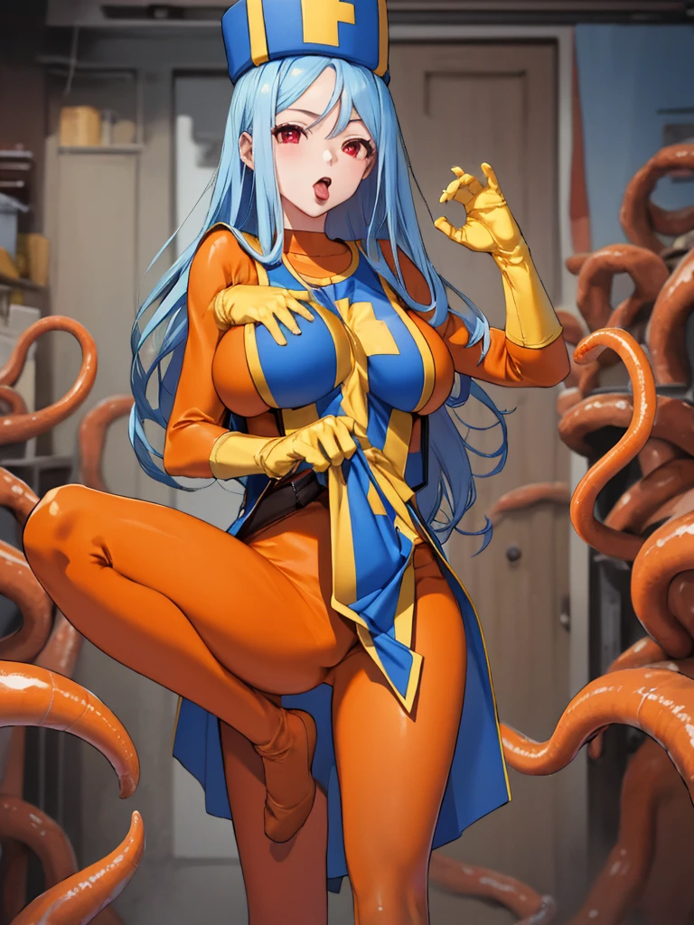 masterpiece,Highest quality, Unreal Engine, Super Resolution, Very detailed,
1 Girl, Waist, thin, (Muscular:0.8)
Round Breasts, Big Breasts, Bold, Part your lips, Observe the audience,
Are standing, sexy pose
Waist shot,Tentacles entangled in chest,Spread your legs,
, Key Visual,
Light blue hair, Red eyes, Long-haired monk \(dq3\)
,Orange bodysuit,Tabard Elbow Gloves((Spread your legs上げる:1.3)),Orange bodysuit