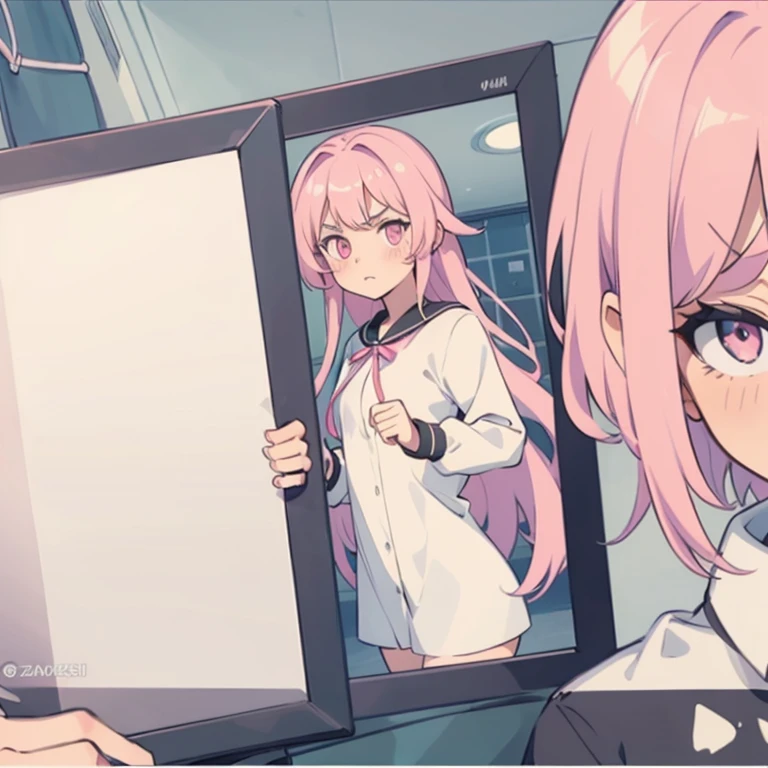 Girls with pink hair, long double-tailed hairstyle, ((small pink bushy eyebrows)), dressed in lolita clothes, marked vagina, lolicon (Zankuro) drawing style by zankuro artist, ザンクロー style, image uploaded to R34, changing of clothes in a room, looking away, not looking at the camera (hidden camera recording it, security camera filter recording it)