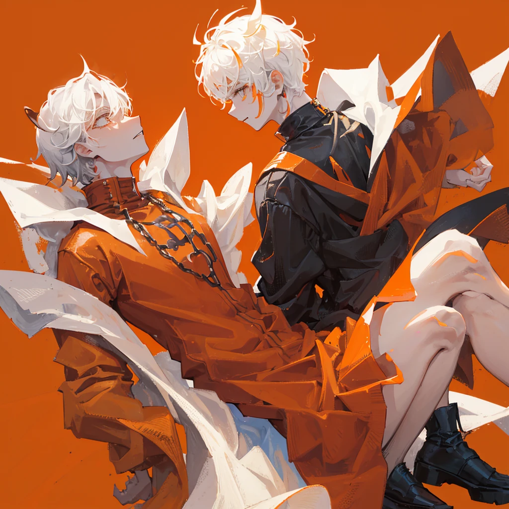 (A human devil),juvenile,((male)),White short hair,Orange clothes,((Solid orange background))