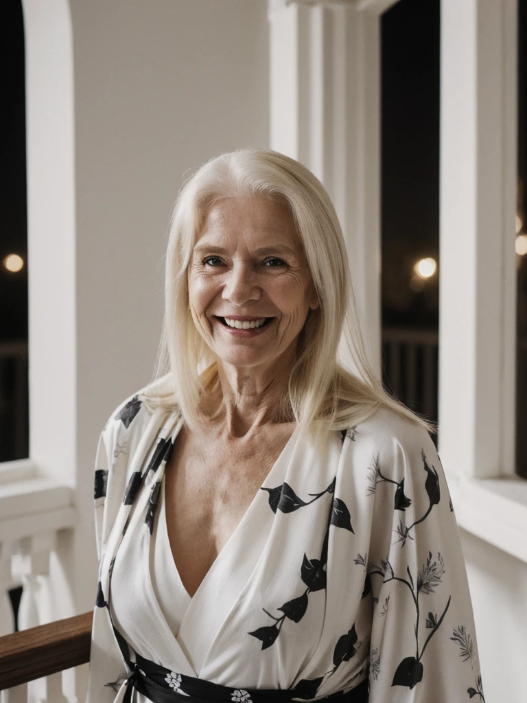 (((deep chest bones))), A realistic, photorealistic image of Felicidad, (an 80-year-old Finnish woman), (((white blonde and medium length hair))), smiling, ((taking a portrait inside the balcony at night)), (((round face))), ((wearing printed black robe)), (((slim))), ((thin hairline))