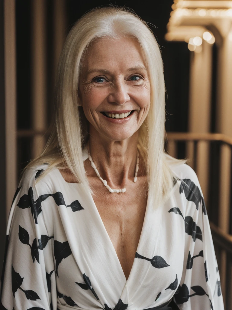 (((deep chest bones))), A realistic, photorealistic image of Felicidad, (an 80-year-old Finnish woman), (((white blonde and medium length hair))), smiling, ((taking a portrait inside the balcony at night)), (((round face))), ((wearing printed black robe)), (((slim))), ((thin hairline))