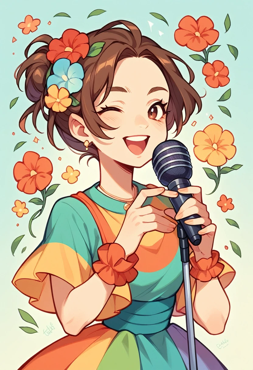 delicate chibi style  singing into microphone, brown hair and colorful flower dress