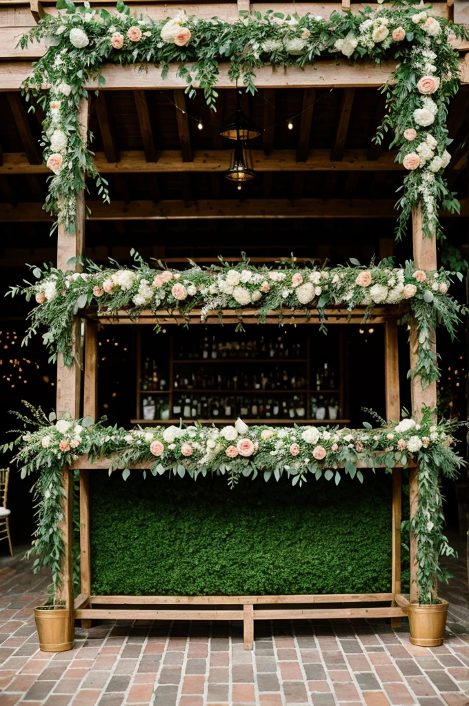 ((best quality)), ((masterpiece)), (detailed),A garden wedding bar with floral garlands and greenery.
