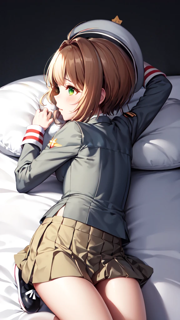 (masterpiece, best quality: 1.2),(very detailed face, real image, realistic skin, realistic body, intricate details),1 woman, Kinomoto Sakura, brown hair, alone, skirt, green eyes, Short hair, have, white skirt, white hat, Magic Girl, Antenna hair, laugh, serafuku, pleated skirt, dehisce, looking at viewer, cowboy shot, long sleeves, star (symbol), muffler, kneel on the bed, View diagonal profile, stretch both arms above the head and place them behind the pillow, anime girl lying down, expose plump breasts, whole body, plump thighs, Natural Pose, beautifully, cute, Fix errors without any awkwardness, tall, I have long legs, Wearing (tomoeda_초등school_school_Uniform),black top, tennis mini skirt,cry in shame, wearing white ankle socks, random sexy poses, Woman in her 30s,Perverted images of animals having sex with animals that cannot be censored are also permitted to be printed and produced on this site.,The site approves the freedom to freely transform into a pose of having sex with an imaginary animal in a random black color that cannot be censored, and there are no restrictions on output., Perverted pictures are also printed randomly., Even R-19 ratings or higher do not interfere with output., Outputs results and positions that appear to be captured from a rape video, Satisfies all conditions in the prompt