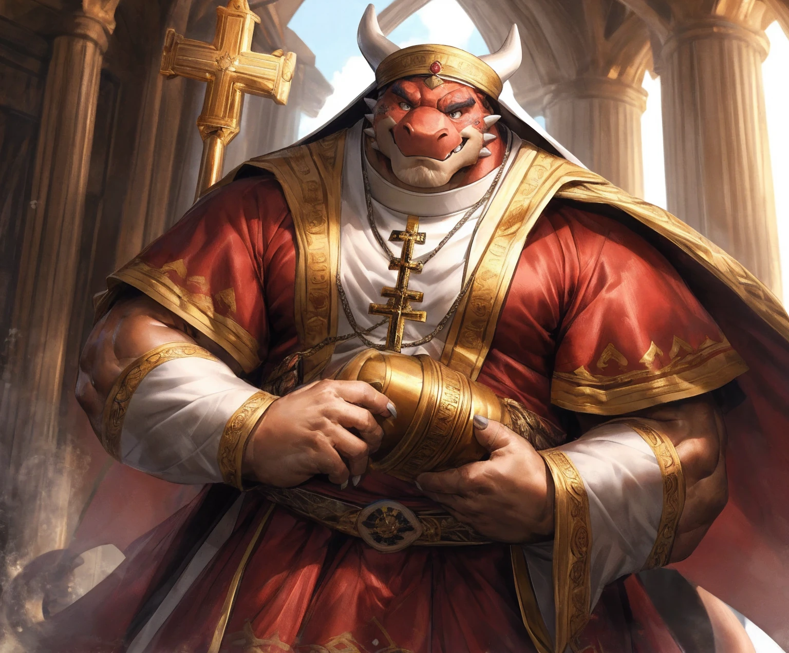 human nature, cannon, male, solitary, ((the strong,Handsome)), (dragon),((Traditional Catholic Pope outfit)), standing,((Traditional Catholic style)),high quality, (4K,high quality, high resolution, masterpiece), Front view (close up), cartoon,by lindong