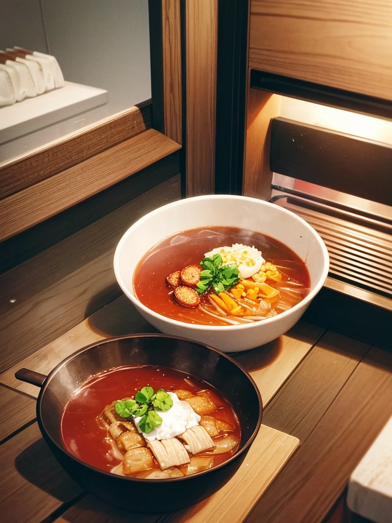 kitchen、ramenを茹でる、The pot is on the stove、Red soup、ramen、The cook puts his finger in the soup and burns it.