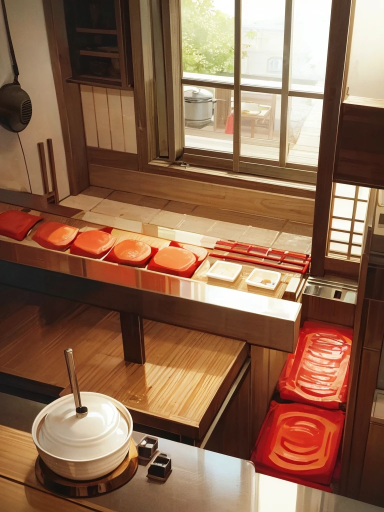 kitchen、ramenを茹でる、The pot is on the stove、Red soup、ramen、The cook puts his finger in the soup and burns it.
