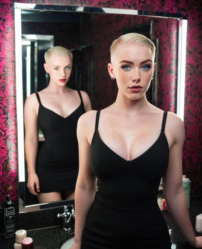 Muscular college girl with large breast and a large butt, blue eyes, pale skin, freckles and a nose piercing with a short slicked back men’s haircut with both sides of her head shaved wearing a tight black dress posing for pictures in the mirror of the women’s bathroom of a night club