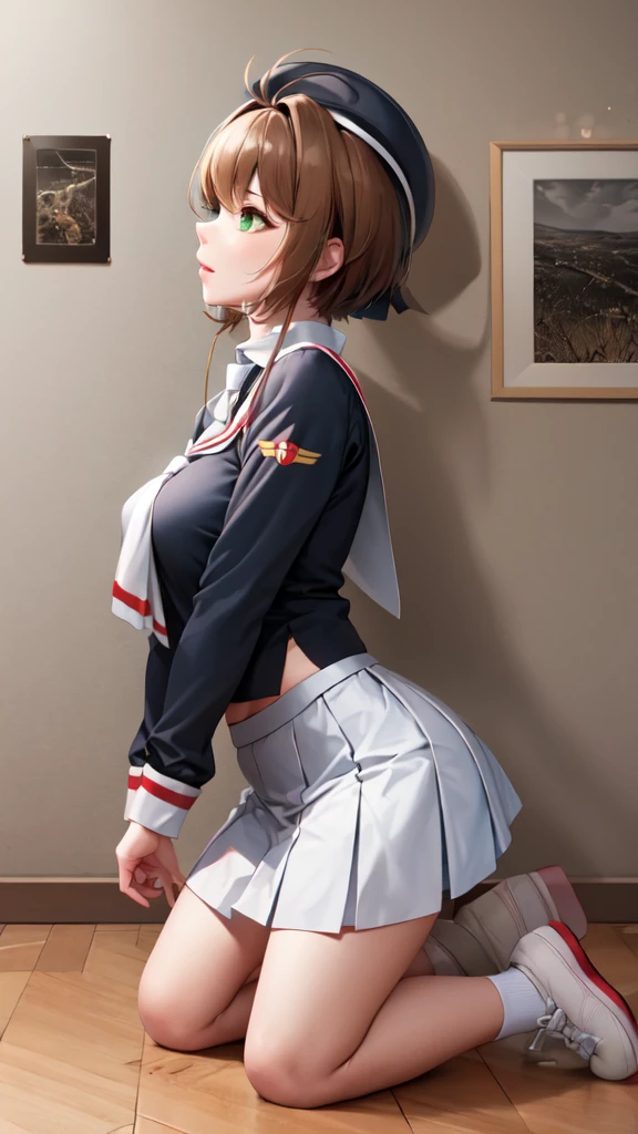 soft lighting, atmospheric, 1girl, solo,charming smile,lime green eyes,red cheeks,wide hips,thick thighs,legwear,thigh highs,puffy nipple,erect gigatic breasts:1.5), bent bunny ears,black bunny ears, (subsurface scattering)+, short hair,(((white sailor))),((very long red sailor tie)), (((pleated navy very short micro mini skirt))),(((see-through white mini panties)))low reg panties, messy hair, (white short sleeve),black high heels,under boob,squat,low reg skirt --auto --s2