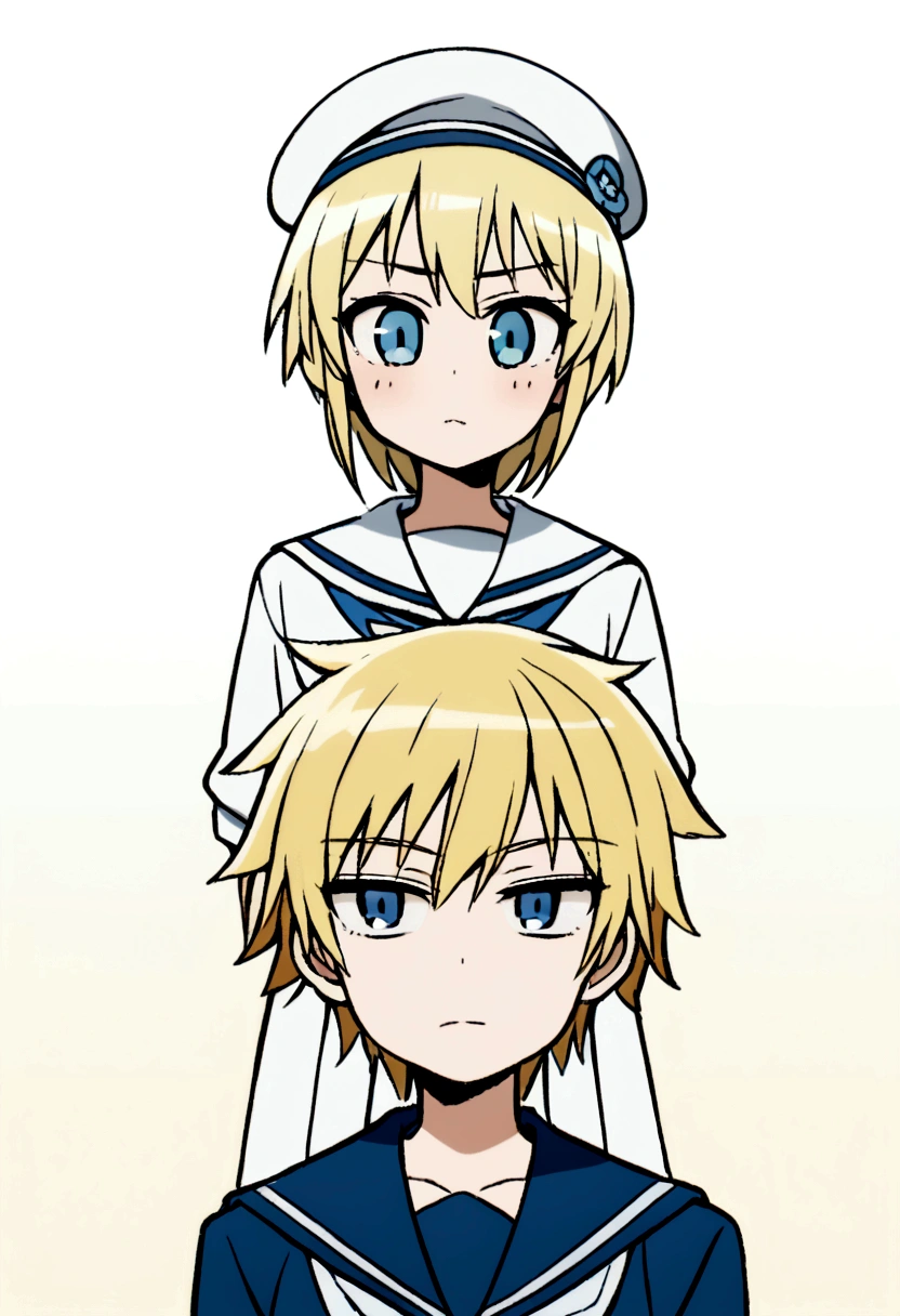 Blonde,wolf cut. Shota, sailor suit, sailor hat, blue eyes, tomboy, Naughty
