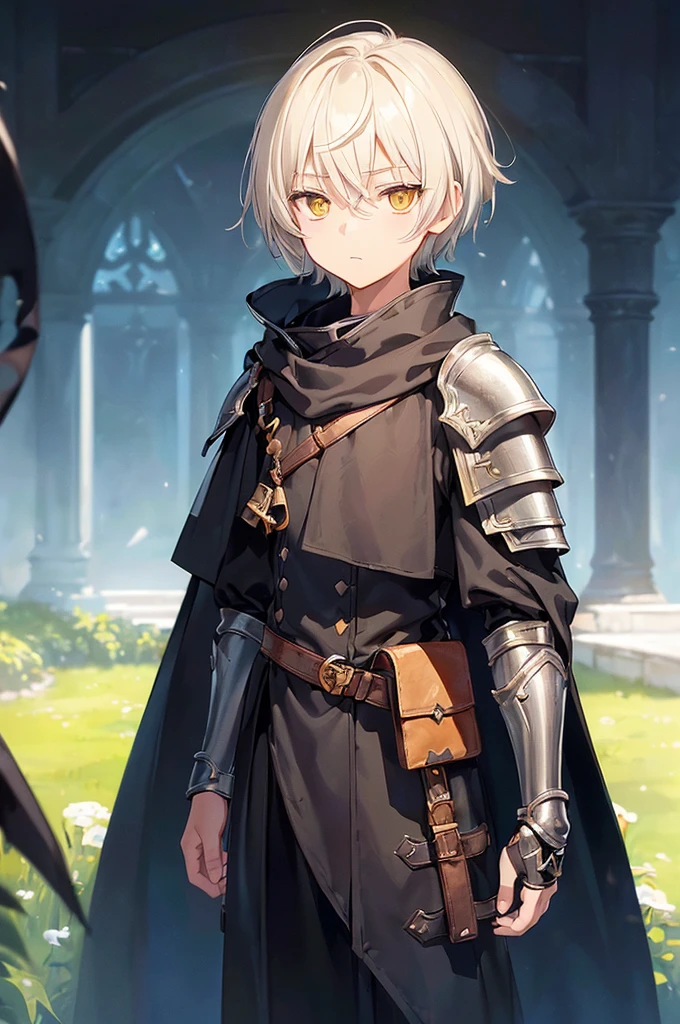 (masterpiece; best quality: 1.2), (finely detailed eyes: 1.3), (( male kid)), ((so), (yellow eyes: 1.4), (body; short, slender: 1.3), (short white hair: 1.3), (beautiful and clear background: 1.2), ((depth of field)), (clothes: traveler dark spellblade attire + light armor + black cloak + pouches and satchel: 1.3), (anime illustration: 1.2), (background; garden exterior: 1.1), (extremely fine and handsome: 1.1), (shot composition; standing + centered on torso + close-up: 1.5), (expression; calm, stoic: 1.2)
