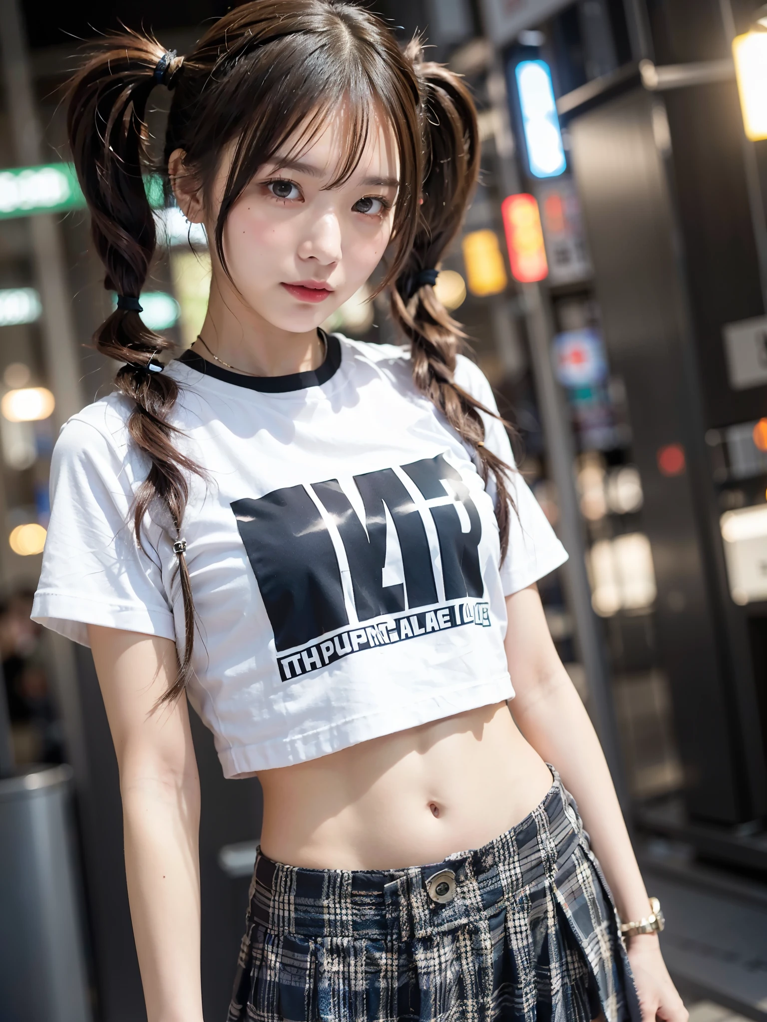 Top quality, 1 beautiful woman, ((Twintails)), wearing T-shirt, mini skirt, 50mm lens, f/1, Moody Lighting, at cyberpunk City