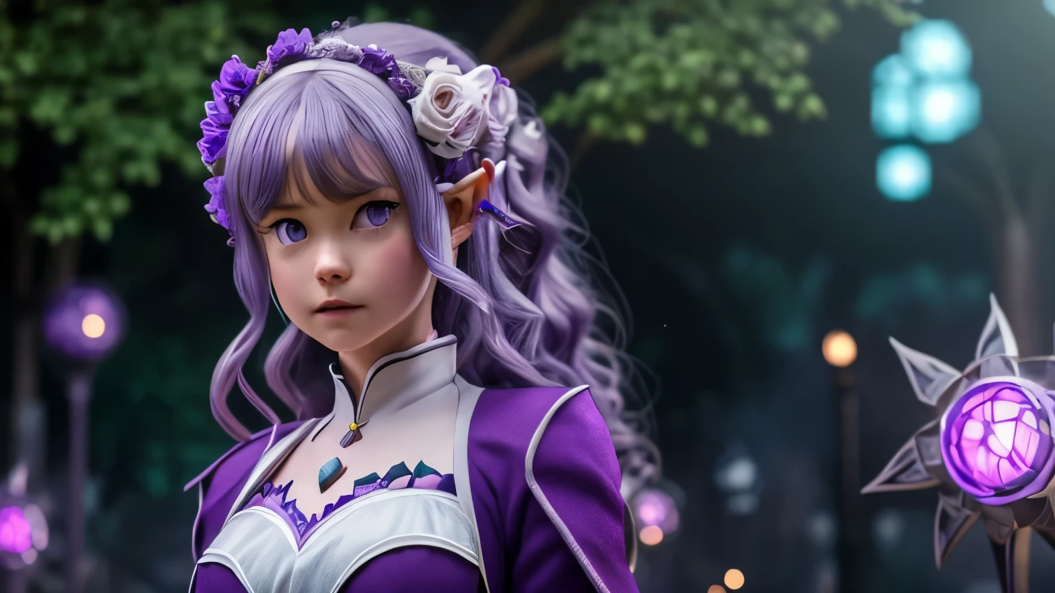 beautiful girl Emilia, 1girl, Emilia (Re:Zero), solo, closed mouth, detailed purple eyes, elegant hair ornament, purple hair ribbon, detailed ribbon, beautiful hair flower, long detailed hair, wispy bangs, detailed flower, vibrant purple ribbon, pointy elf ears, futuristic Cybertron landscape, detailed environment, intricate machinery, vivid colors, cinematic lighting, photorealistic, 8k, masterpiece