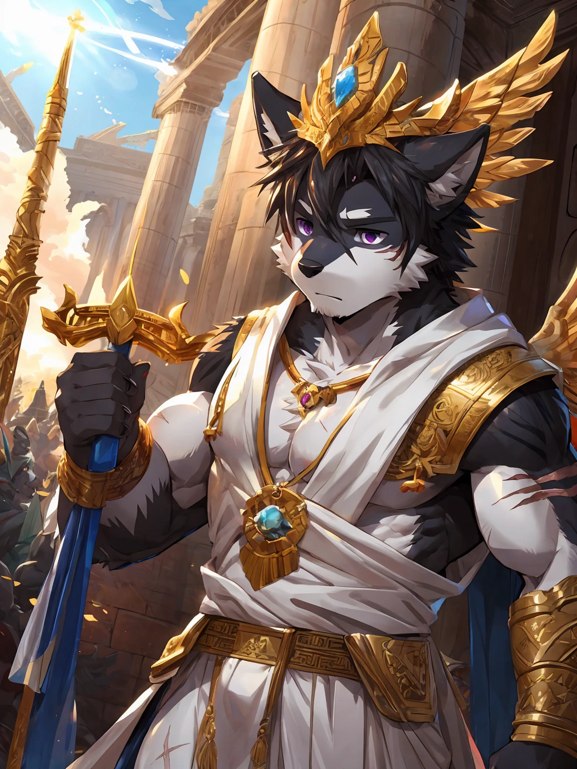 embedding:black wolf, male,purple eyes,Scar on the face, scar on the body,Single person,Toga,Costumes of ancient Greece,White clothes,Gold decoration,The purple pattern on the clothes.A luminous scepter,Halo,Sacred tattoos,sacred,Expressions and movements full of divinity,A serious expression,The highest quality of scene detail,adult,Tall and powerful,muscle,Best quality hands, best quality eye,detailed fur,Delicate eyes.Extreme picture quality,by sollyz,by zixiong,by milkytiger1145
