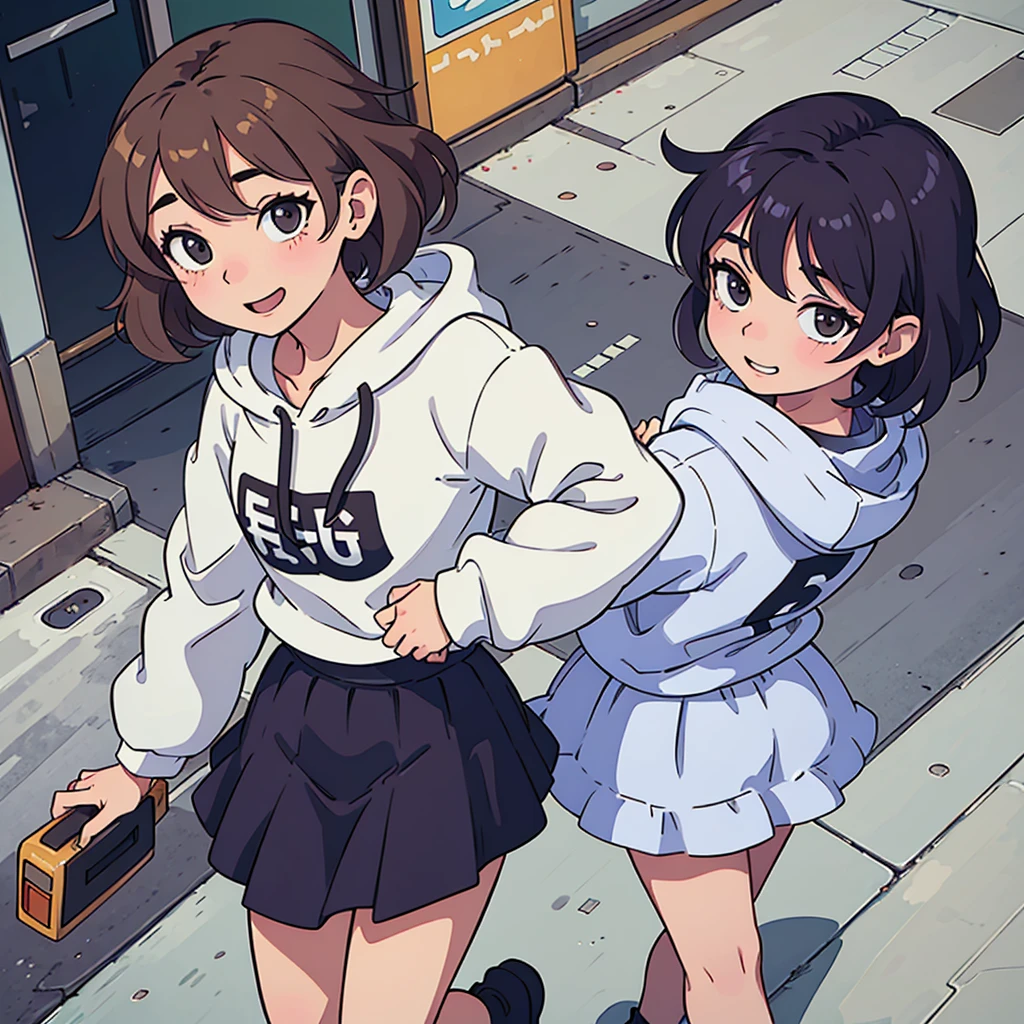 (best quality:0.8) perfect anime illustration, a pretty, happy woman with short curly brown hair on the street in the city, wearing a hoodie, skirt