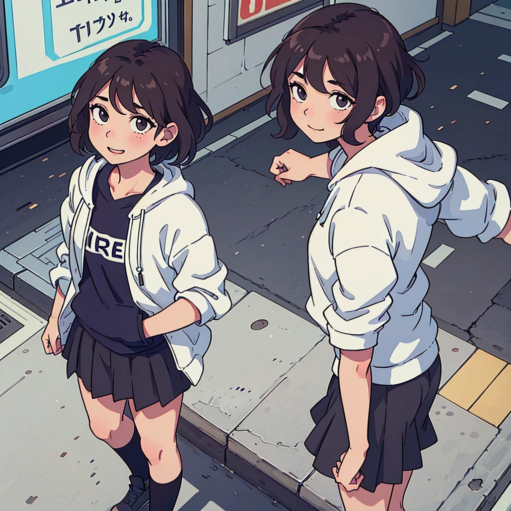 (best quality:0.8) perfect anime illustration, a pretty, happy woman with short curly brown hair on the street in the city, wearing a hoodie, skirt