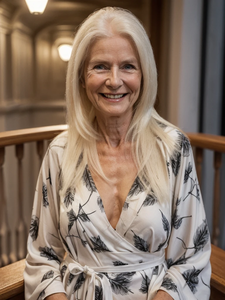 A realistic, photorealistic image of Felicidad, (an 80-year-old Finnish woman), (((white blonde and medium length hair))), smiling, ((taking a portrait inside the balcony at night)), (((round face))), ((wearing printed black robe)), (((slim))), ((thin hairline)), (((deep chest bones)))