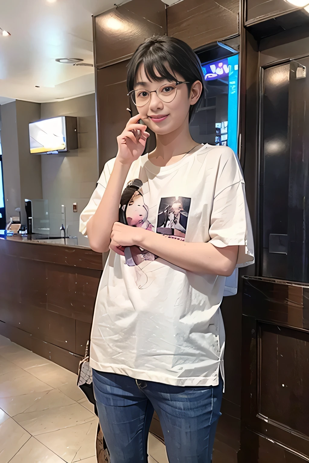 medium shot, ((white T-shirt and blue denim jeans)), japanese lady, pale skin, droopy eyes, 21 year old,(Black short bowl cut hair with blunt bangs:1.3),((standing)), high quality:1.3, shoot from below,Professional lighting:2.0 realistic:1.2,(cinematic lighting), 4k resolution, detailed skin, masterpiece:1.1, (heyapanel), (lovehotel), reception, scenery, japan,(smile:1.3),night, Entrance of lovehotel,(Black cell frame glasses:1.3)