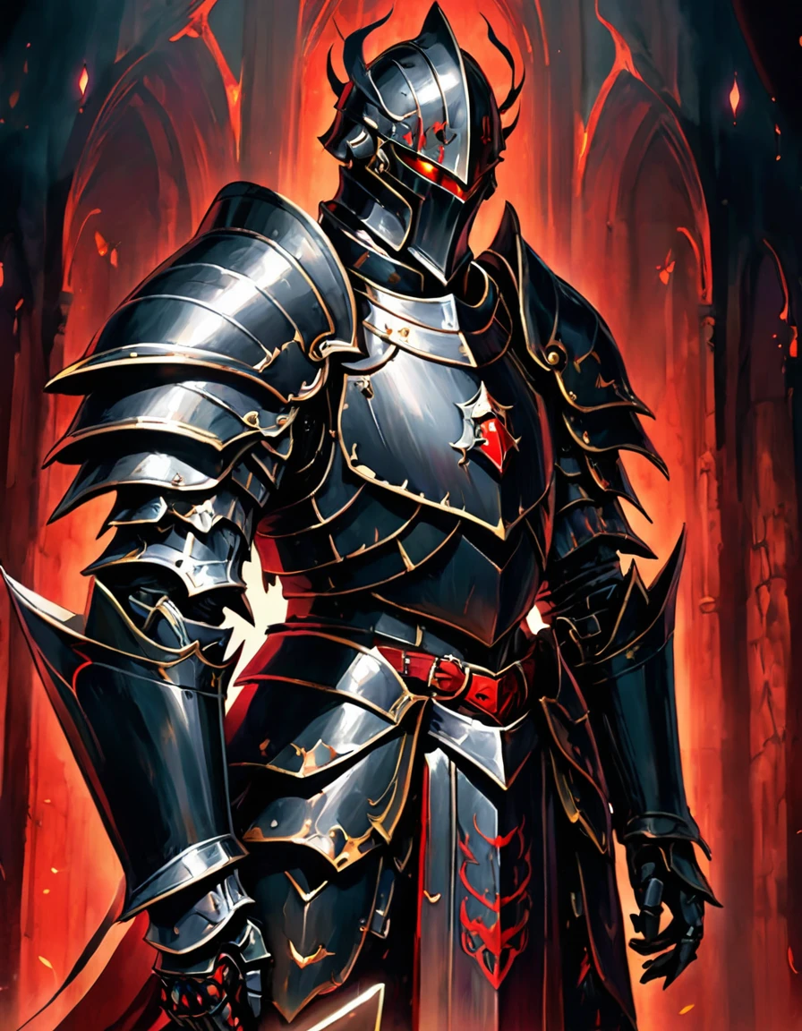 A red-eyed dark paladin wearing light full armor that covers the entire body, The knight's armor has a dragon's eye carved into the breastplate, (jet black armor), armored armor, sharp edged armor, golden edges, Standing, in a forest in the background, anime screencap, full body shot, Masterpiece, The best quality, Very detailed, necessary, high resolution, UHD, 4k, 8k, vivid colors