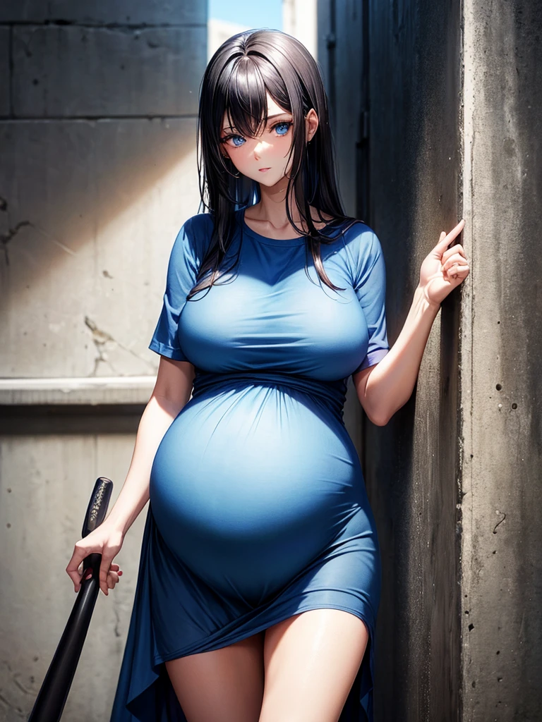 Pregnant woman with dark black hair, blue eyes, blue maternity dress, baseball bat