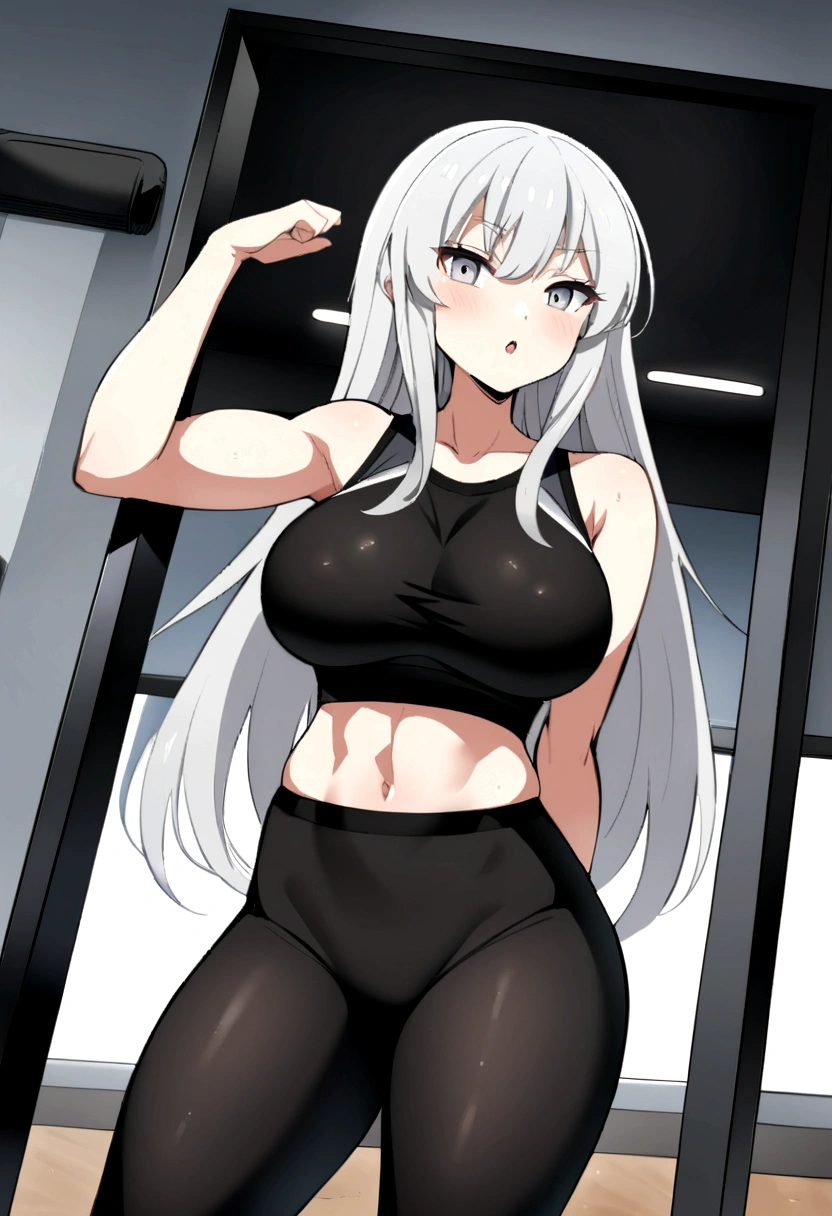 anime style girl 1,70 long light gray hair shark teeth and gray eyes and light gray pupil very thick legs but almost no breasts posing in front of the gym mirror while wearing black sports clothes