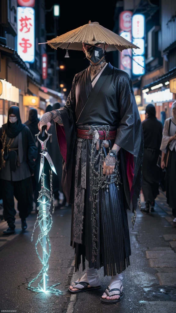 Arabian man wearing costume holding scissors, street samurai, old man in tokyo at night, Japanese live-action films, Cthulhu Samurai, Creepy Sigma 75mm, Samurai man wrapped in chains, Handsome Japanese Devil Boy, Live-action movie stills, Samurai wearing a demon mask, Beautiful male grim reaper, ripped clothes holding whip