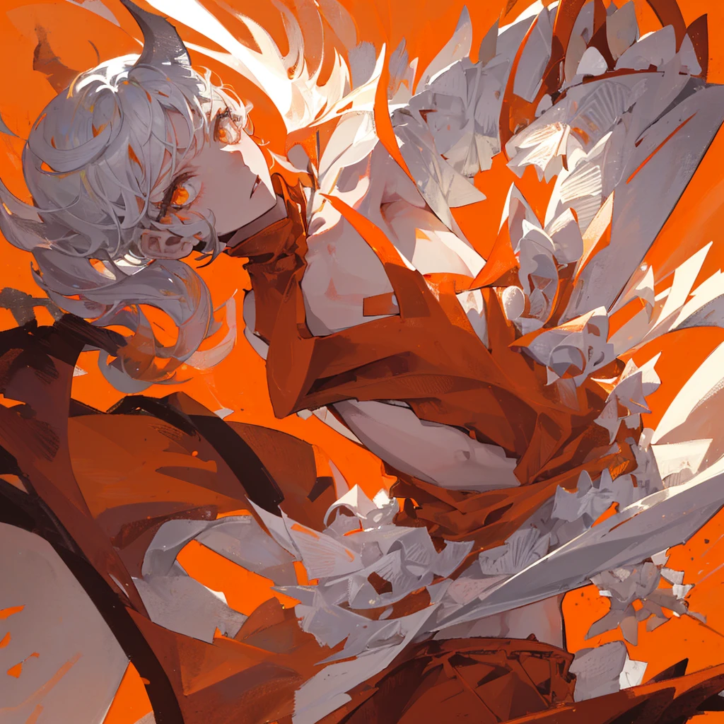 (A human devil),juvenile,((male)),White short hair,flame,gorgeous,Orange clothes,((Solid orange background))
