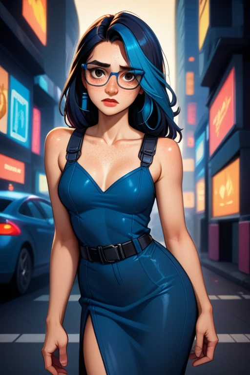 tall asian-caucasian woman; 31 years old; long black hair with blue highlights; almond-shaped brown eyes; pale Caucasian skin with freckled cheeks; slender build; perky breasts; form-fitting casual dress; wearing thick black-rimmed square glasses; sad expression; at a police station; futuristic; dystopian; cyberpunk; Disney-style, CGI; best quality; high definition; trending on artstation; complex volumetric lighting;