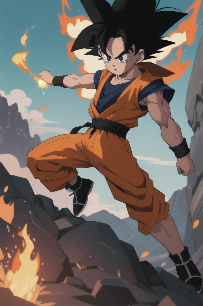 Manga style, illustration, line art style, high quality, manga masterpiece, highres, very detailed, digital illustration, small Kid Goku, Dragonball, black hair, spiked hair, real goku clothes orange color, black belt and black shoes, fire ball, dougi, solo male , outdoors,fighting,