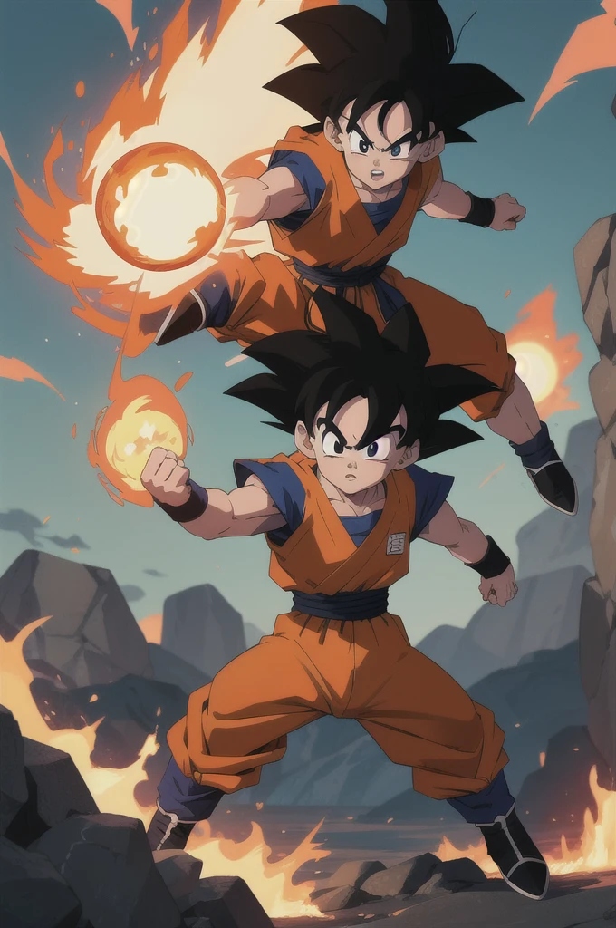 Manga style, illustration, line art style, high quality, manga masterpiece, highres, very detailed, digital illustration, small Kid Goku, Dragonball, black hair, spiked hair, real goku clothes orange color, black belt and black shoes, fire ball, dougi, solo male , outdoors,fighting,