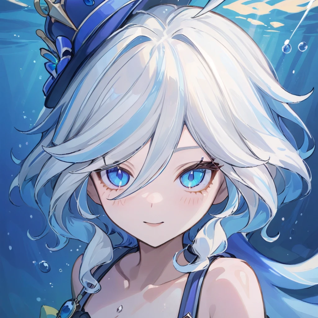 Furina,1 girl, Blue eyes, One, It has, long hair, Looking at the viewer, smile, blue hair, under the water, bang, bubble, hair between eyes, White hair, upper body, closed mouth, crown, multicolored hair, air bubble, rays of light, tape, virtual youtuber, gem(Best quality), ((masterpiece)), (A high resolution), (very gentle and beautiful), (masterpiece),(Best quality), portrait, white hair, green eyes, short hair